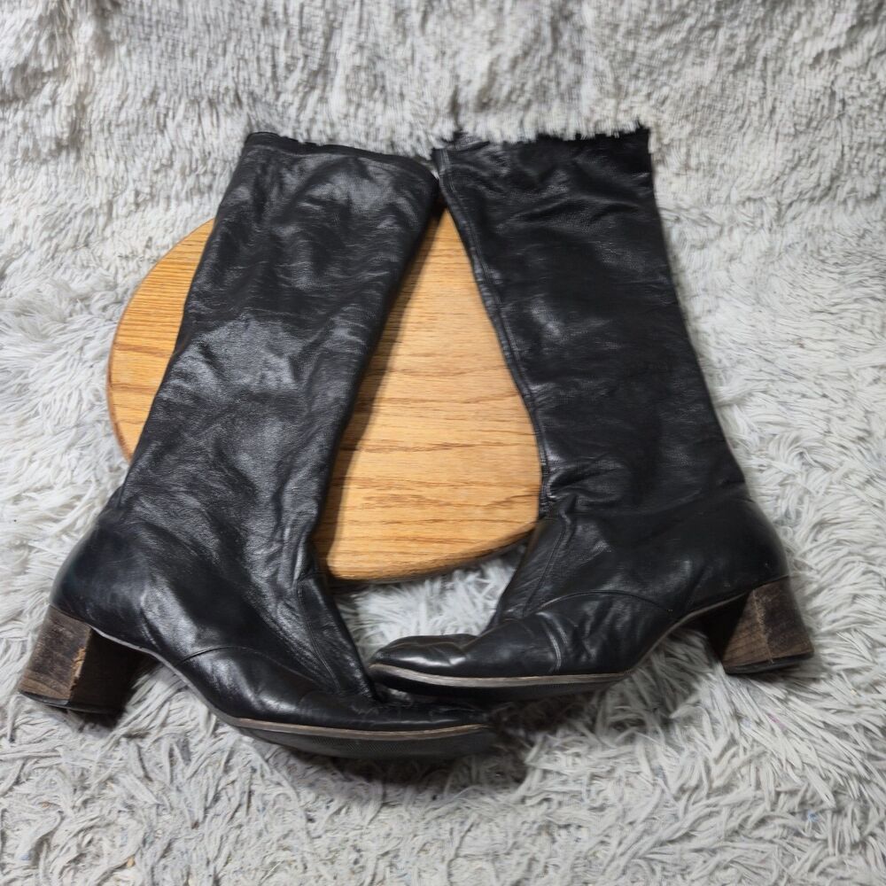 Vintage Womens Black Leather Riding Boots Knee High Zip Up Size 10M Retro Luxury